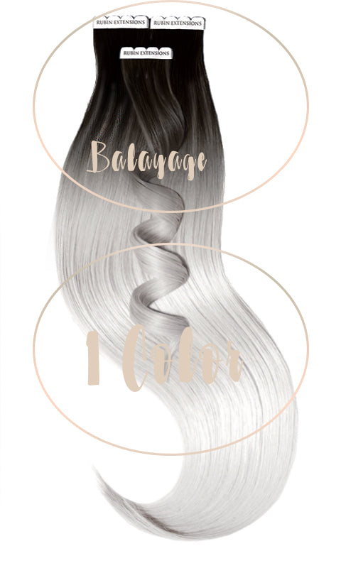 Tape-In Extensions Sombre-Balayages Schwarz & Silberblond